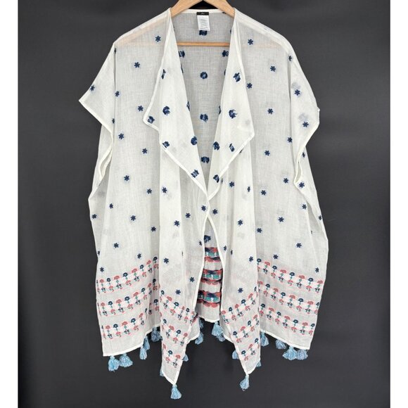 J.Crew Women's Embroidered Beach Poncho M/L Ivory Oversized Bohemian Tassels - Picture 1 of 8